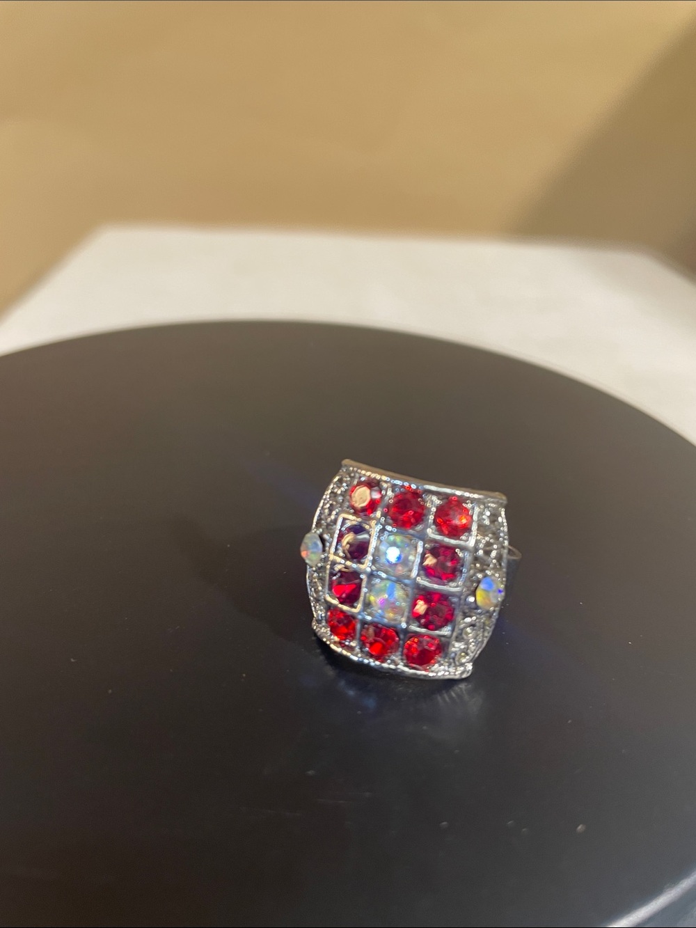 Sterling-Style Silver Ring with Red and Iridescent Stones